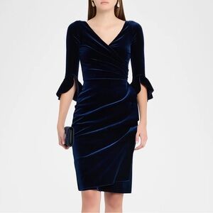 Chiara Boni La Petite Robe Triana Pleated Bodycon Velvet Dress Navy Blue Size 0